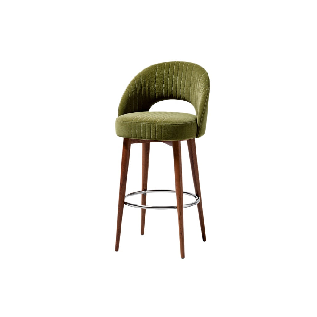 Modern Green Upholstered Bar Stool with Wooden Legs and Chrome Footrest